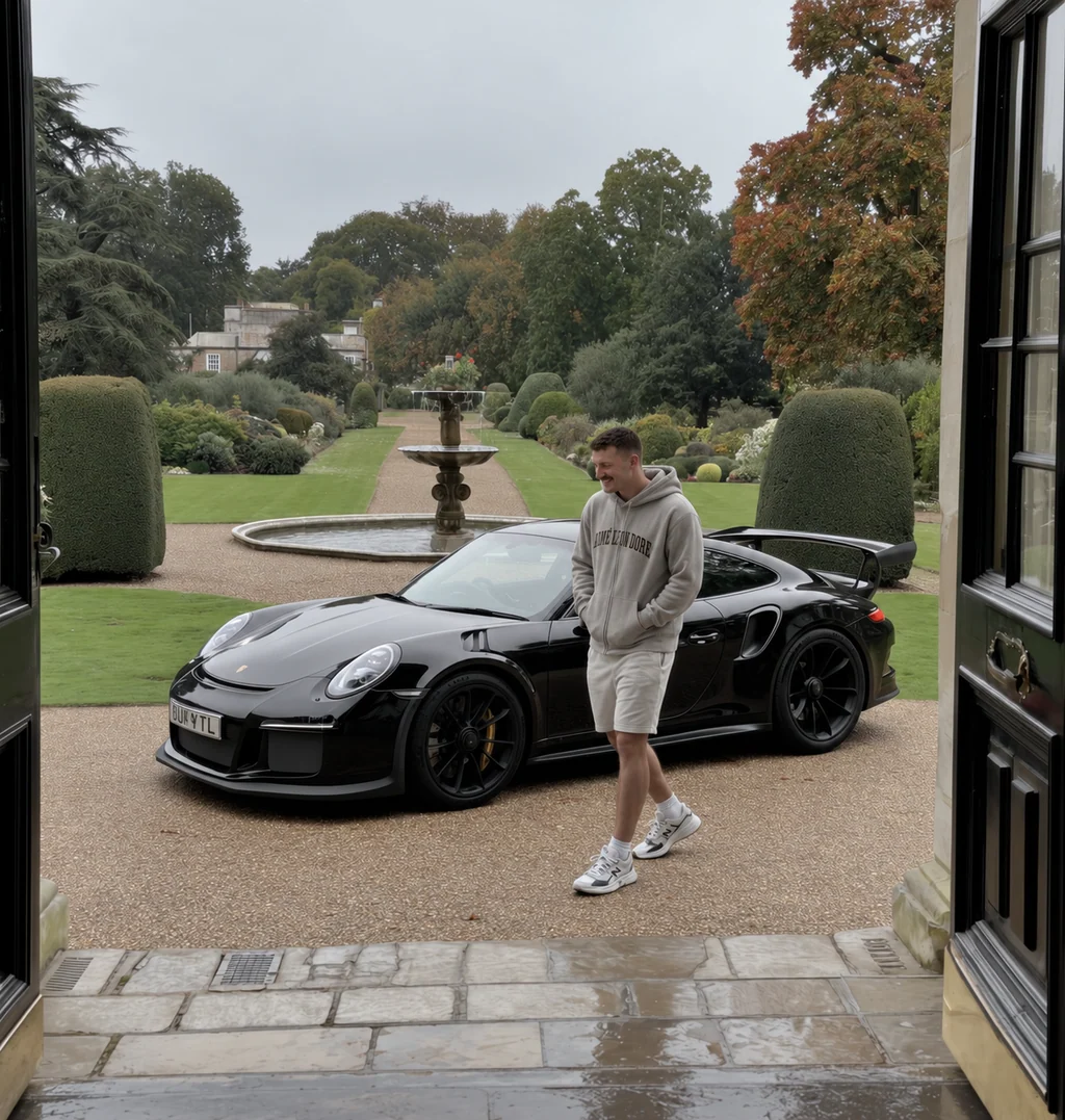 Gabriel Jientara ao lado de um Porsche preto, em frente a um jardim